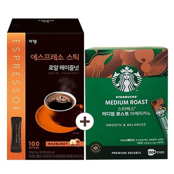 스타벅스 미디엄 로스트 아메리카노 원두 커피믹스 스틱 100T + 쟈뎅 로얄헤이즐넛 100T(총2개)