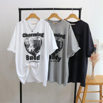 레이츄 / 버디버디 프린트 루즈핏 반팔 롱 티셔츠