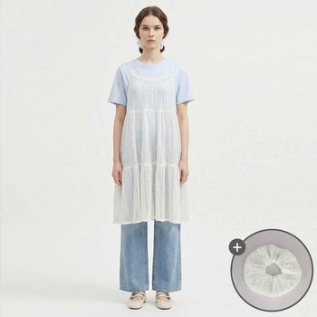 [샵앤] 여성 라운드 반팔 롱티 뜨개 레이스 끈나시 캉캉원피스 세트 SHA-WSET-21167-블루