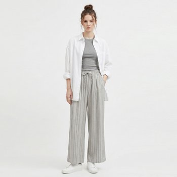 [샵앤] 여성 허리밴딩 스트라이프 루즈핏 와이드 줄 팬츠 NTT-WPT-21158-회베이지