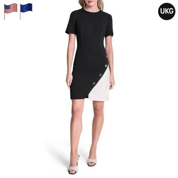 [해외] DKNY 도나카란뉴욕 바이 반팔 시스 컬러블록 원피스 포우 버튼 블랙 아이보리 여성