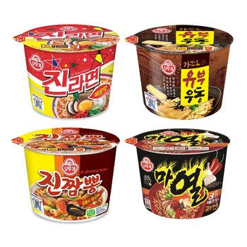 컵라면 4종세트 오뚜기 진라면 매운맛3+유부우동3+진짬뽕3+마열라면3 12개