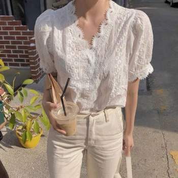 반팔 여름블라우스 레이스 반팔블라웃 화이트블라