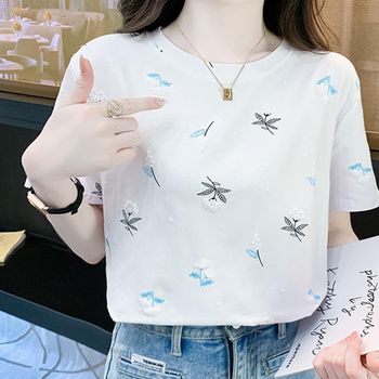 입체 SMLY6805 트렌디한 화이트꽃 푸른 꽃잎 반팔 티숙 URD529 흐 프린트 여자반팔티 나시 c 티