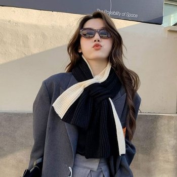 여성 겨울 투톤 배색 니트 목도리 넥워머 머플러 (WFG1DWQ)