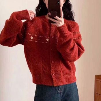 라운드넥가디건 여성겨울 자수가디건 니트제품 레드