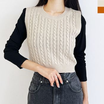 CAT PVMQ2594 차분한 1049 여자 케이블 꽈배기 크롭니트조끼