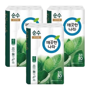 깨끗한나라 순수프리미엄 3겹30롤 25m 휴지x3개 롤화장지 화장지 두루마리 휴지 3겹