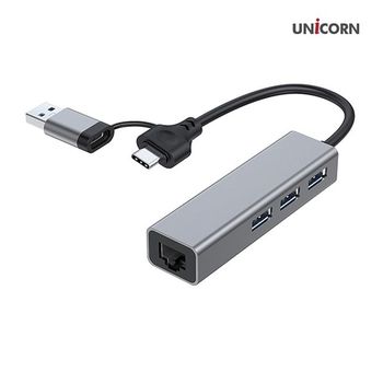 유니콘 타입C겸용 USB 3포트허브+RJ45 랜카드