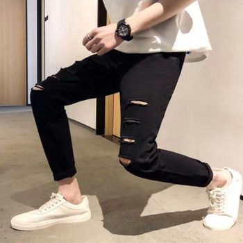 남자바지 LOGN3704 남성바지 스트레이트 블랙진 찢어진바지