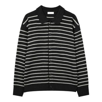 남자 가을 체인 스트라이프 카라 버튼 가디건 DS CA Q279 검정_P375831811