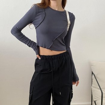 [VY] 여자 짧은미니 배꼽크롭 편한 가을홍대룩 롱슬리브 티셔츠