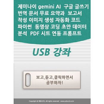 제미나이 gemini AI 구글 글쓰기 번역 문서 무료 요약과 보고서 작성 이미지 생성 자동화 코드 파이썬 동영상 코딩 초안 데이터 분석 PDF 시트 연동 프롬프트 USB 강좌