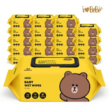 레이온100% 75g 라인프렌즈 브라운 77매 20팩 캡형 아기물티슈