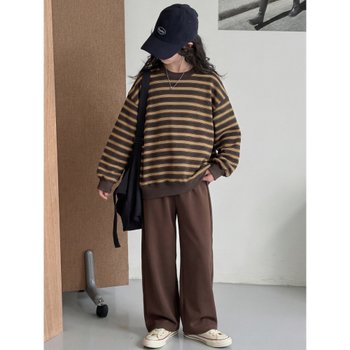 스트라이프 스웨트 와이드 팬츠 상하 세트 R21176