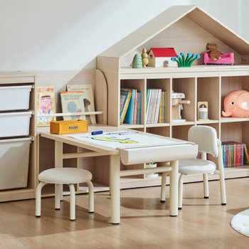 한샘 샘키즈 키즈테이블 스퀘어형+등받이 의자+낮은 멀티장 전면책장형 세트