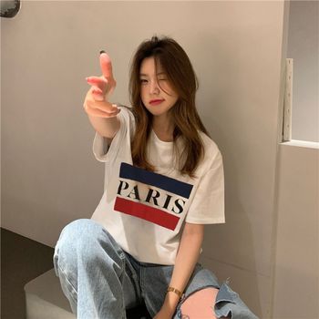 여성반팔 OIZI9077 시크한 파리 레터링 포인트 반팔티셔츠 여친룩 셔츠