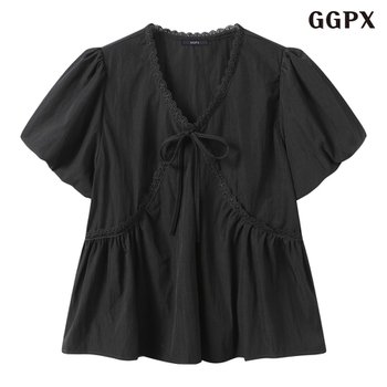 리본 포인트 브이넥 소매 벌룬 반팔 블라우스 (GQBBA003D)