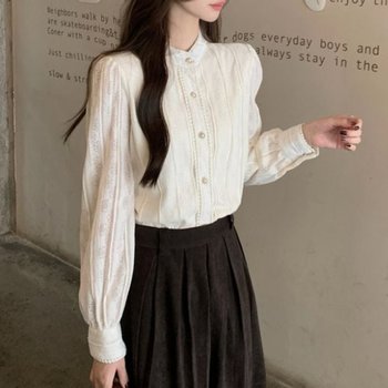 노카라 플라워 패턴 레이스 기모안감 블라우스 (WFG7IJO)