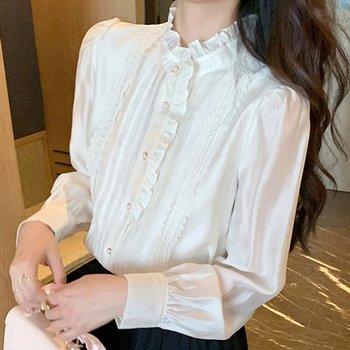 아리아 프릴 레이스 셔링 핀턱 블라우스 FS002981