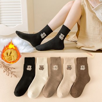 뿌미 브라운 곰돌이 베이직 중목 양말_P332790639