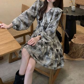 G126742_러플카라 JJYD5905 허리밴딩 빅플라워 쉬폰원피스