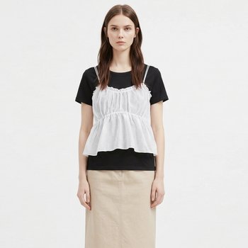 [샵앤] 여성 라운드 반팔티 끈나시 플레어 프릴 뷔스티에 세트 SHA-WSET-21164-블랙