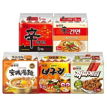 신라면 5입 + 신라면건면 5입 + 안성탕면 5입 + 너구리 5입 + 짜파게티 5입 (총25봉)