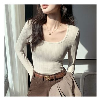 슬림핏 이너 U넥 긴팔 티셔츠 여리여리 딥 탑 시크