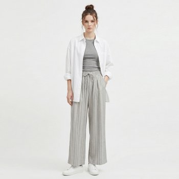 [샵앤] 여성 허리밴딩 스트라이프 루즈핏 와이드 줄 팬츠 NTT-WPT-21158-회베이지