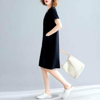 여자 IC26DQ86 데일리 편한 깔끔 무지 브이넥 반팔 미디 원피스