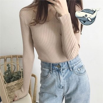 데일리 브이넥 골지 긴팔티 여성용 슬림핏 니트 (WFH18TJ)