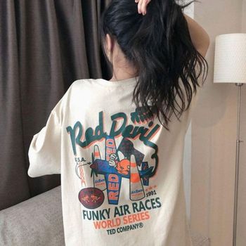 반팔 베이직 레드 여성 데빌 올데이 프린팅 오버핏 티