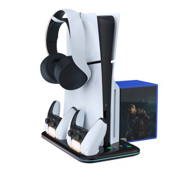 [오늘출발] 플스5 프로 슬림 듀얼센스 충전 거치대 PS5 LED 스탠드 쿨러 게임팩 수납 디지털 디스크 P523