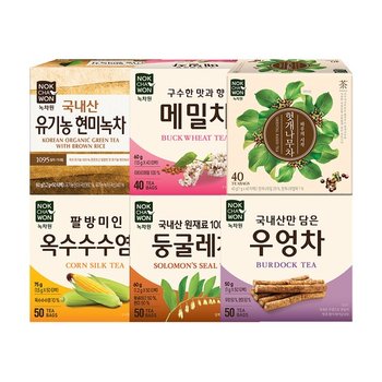 티백차 6종 한번에쓱 (유기농현미녹차 50T+둥굴레차50T+메밀차 40T+우엉차 50T+옥수수수염차50T+헛개나무차40T)