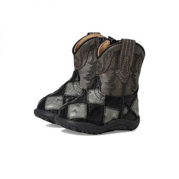 Roper 키즈 Cowbaby 버드 Blocks - 블랙 그레이 Faux Ostrich 패치워크 Vamp 998724