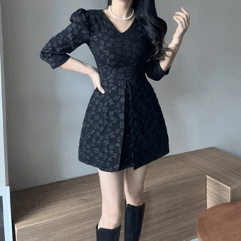 룰렛 자가드 플라워 미니 퍼프 슬림 미니 유니크 걸리쉬 A라인 맞주름 원피스 2co.._P386611280