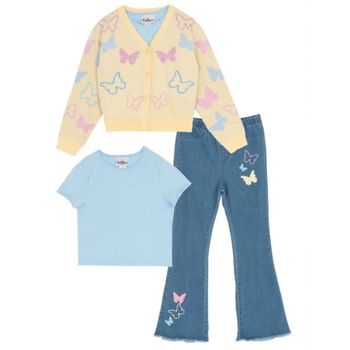 [해외] 키즈 Rare Editions Girls` 7-16 버튼 다운 스웨터 with 티셔츠 and 플레어 팬츠 바지 3팩 세트