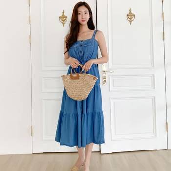 단하루 여성 빈터즈 데님 캉캉 민소매 롱 원피스