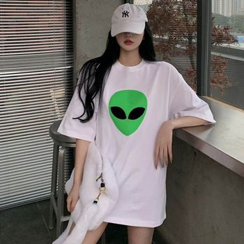 여자 ILEX2137 스타일리시한 외계인 스타일 프린팅 반팔 박스티 고품질 오버