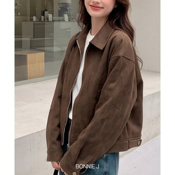 보니제이 카라넥 간절기 가벼운 스웨이드 집업 자켓 숏점퍼 아우터 블루종 시크룩 딥브라운