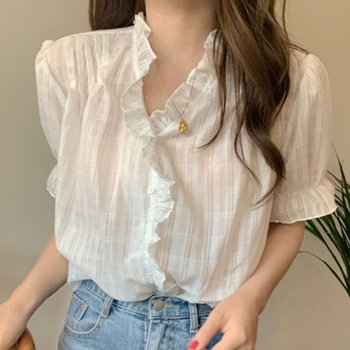 블라우스 캐주얼룩 오피스룩 레이스 프릴 여성 브이넥 (WFJ8OVH)