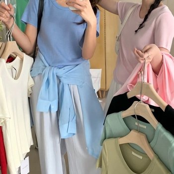 여성 썸머 데일리 니우 라운드넥 반팔 니트