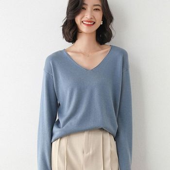 여성 DOQO7750 모던한 베이직 브이넥 10컬러 긴팔 티셔츠