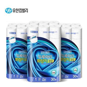 두루마리 3겹 롤 유한킴벌리 화장지 25Mx30롤x3팩 (S47901567)