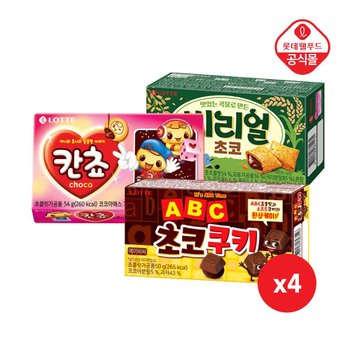 ABC 초코쿠키 50g x 4개+씨리얼 초코 42g x 4개+칸쵸 54g x 4개