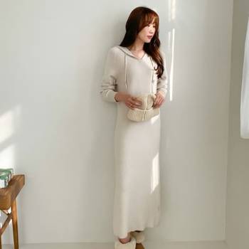 여성 겨울 도세인 후드 롱 골지 원피스 드레스