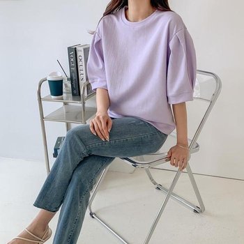 여자 엷은 핀턱반팔 민무늬 바이롤렛 티셔츠 (15408184A)