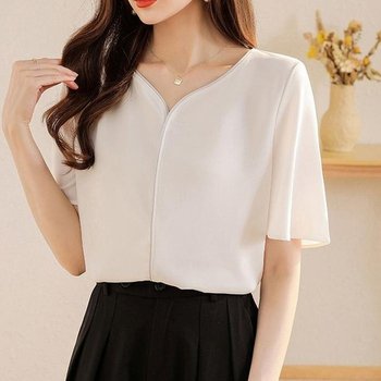 [QNW76895_58]배색 하객룩 넥라인 여성 여름 블라우스 (40274525)