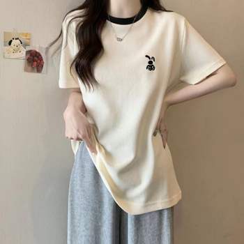 큐티 DQ65QA95 반팔 슬리브 래빗 여자 자수 라운드넥